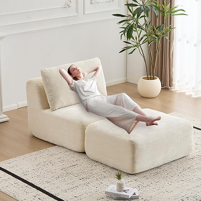 Memory Foam Compressed Sofa Bed Modern Beige Single Chaise Louge Comfy Futon Floor Couch Pet Friendly Fectional Couch for Living Room Bedroom No Assembly Movable OttomanCorduroy
