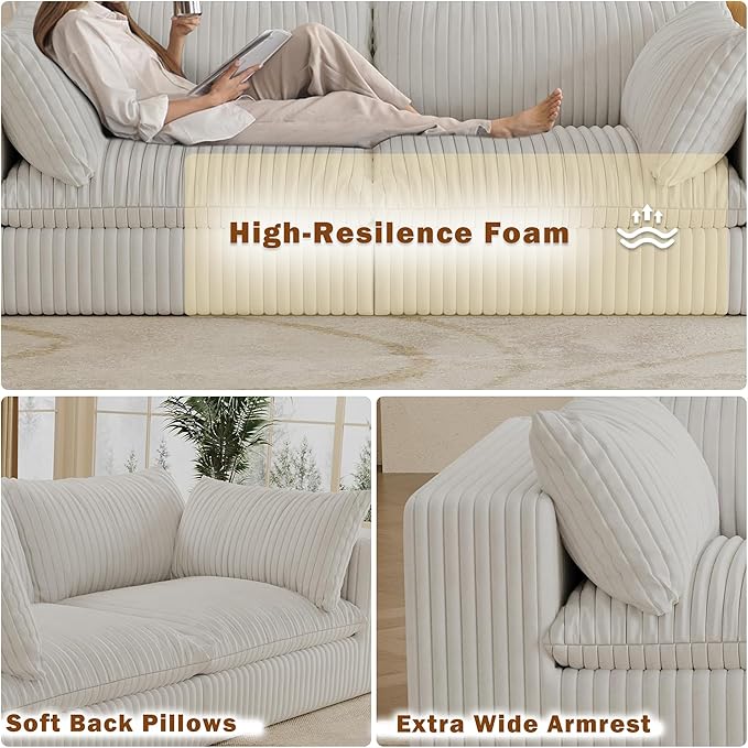 118.2 Modern V Shaped Corner Sofa Comfy Modular Sectional Cloud Couch with Plush Corduroy Fabric Deep Seat Upholstered Sofa Fluffy Boneless Couches for Living Room No Assembly (White)