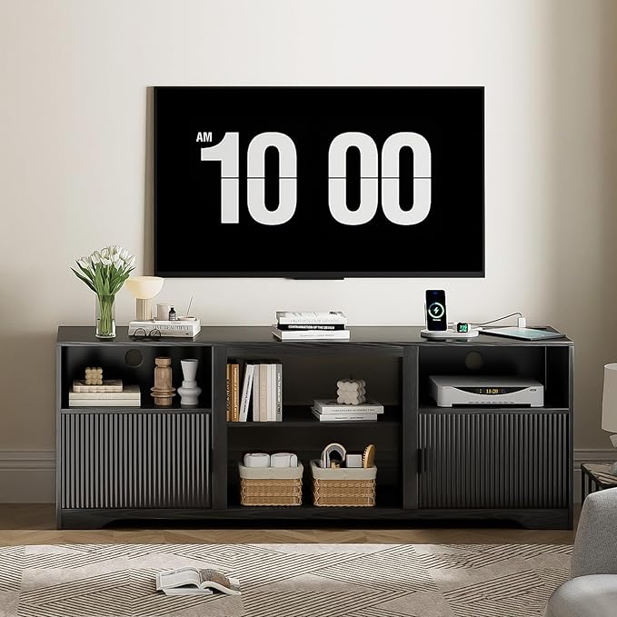 Fluted TV Stand for Tvs up to 80Mid Century Modern TV Stand with Open Adjustable ShelfEntertainment Center Wood TV Media Console with Cord Holes for Living Room Furniture BedroomBlack