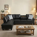 L-Shaped Sectional Sofa with Cup Holder Leather 4-Seat Couch with Chaise Lounge Modern Upholstered Living Room Furniture Black