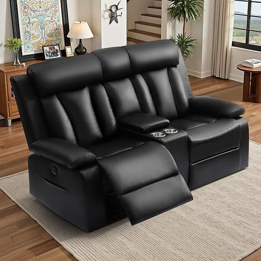 Power Reclining Loveseat with Console and Cup HoldersLeather Electric Recliner Sofa with USB &amp Type-C Ports Storage Armrest and Lumbar PillowWall Hugger Couch for Living Room RV (Black 2 Seats