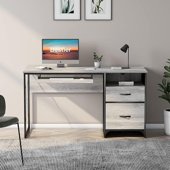 Bestier Office Desk with Drawers 55 inch Industrial Computer Desk with Storage Wood Teacher Desk with Keyboard Tray &amp File Drawer for Home Office Light Gray Oak