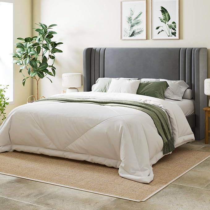 Allewie Queen Size Velvet Platform Bed Frame with Vertical Tufted Wingback Headboard Easy Assembly Under Bed Storage No Box Spring Required Modern Style Grey