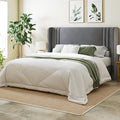 Allewie Queen Size Velvet Platform Bed Frame with Vertical Tufted Wingback Headboard Easy Assembly Under Bed Storage No Box Spring Required Modern Style Grey