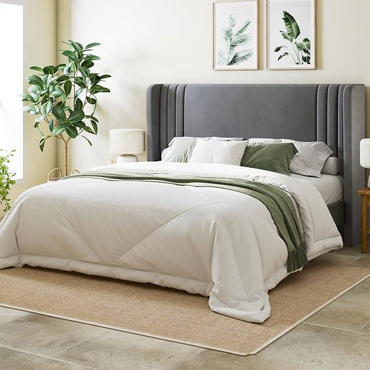Allewie Queen Size Velvet Platform Bed Frame with Vertical Tufted Wingback Headboard Easy Assembly Under Bed Storage No Box Spring Required Modern Style Grey