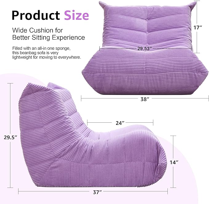 Bean Bag Chairs for Adults Giant Bean Bag Chair Memory Foam BeanBag Chair Bean Bag Sofa with Filler Faux Fur Fireside Beanbags Lazy Sofa for Living Room Bedroom Office (Purple Corduroy Single)