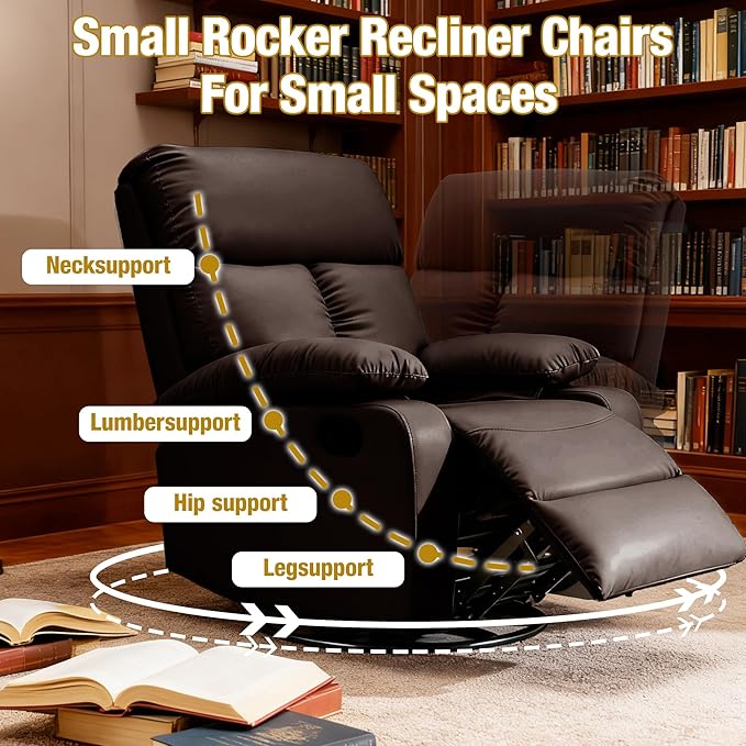 Swivel Rocker Recliner Rocking Recliners Chair for Small Spaces Small Rocker Recliner Chair Nursery Rocking Chairs for Living Room RV Nursery Brown