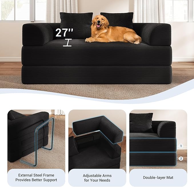 Cloud Boneless Convertible Sofa Bed 4-in-1 Foldable Compressed High-Density Sponge Sofa 70 Corduroy Fabric 3 Seater Sleeper Couch Futon Daybed for Living Room Bedroom (Black)