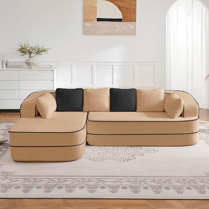 105.9 Modular Sectional Couch Sofa for Living RoomHigh Density Sponge Boneless Sofa with Left ChaiseL-Shaped Cloud Couch with Soft Teddy FabricNo Assembly RequiredCamel