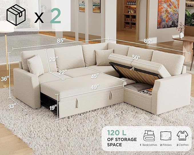 Jocisland Sofa Bed 85 Inch Sleeper Sofa with Pull Out Bed &amp Storage Seat Reversible L Shape Sectional Couch for Living Room Apartment Beige Linen Oversized Sofa
