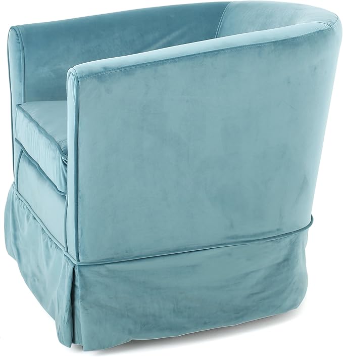 Upholstered Swivel Barrel Chair Blue Velvet Skirted Base Living Room Accent Seating 28.75 x 28 x 27 Inches