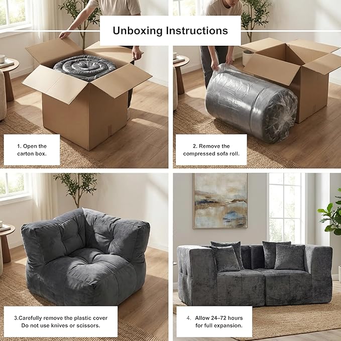 · REDEARTH · Love Seat Modular Velvet Sectional Sofa No-Assembly Compressed Couch in a Box Firm Support Boneless Modular System in Plush Velvet for Living Room (2-Seater) Dark Gray