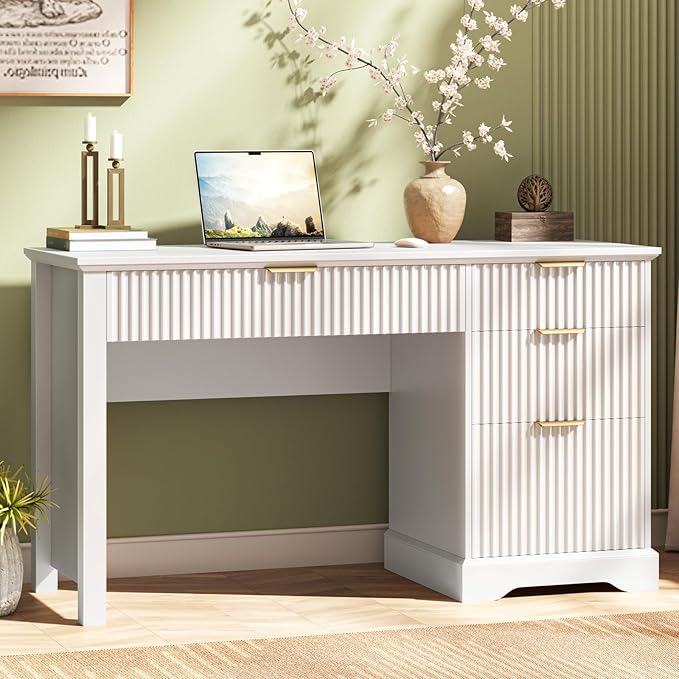 Vabches Fluted Executive Desk with Drawers Wood Computer Desk with Ample File Drawer Home Office Desk with Storage for Study Bedroom Living Room White
