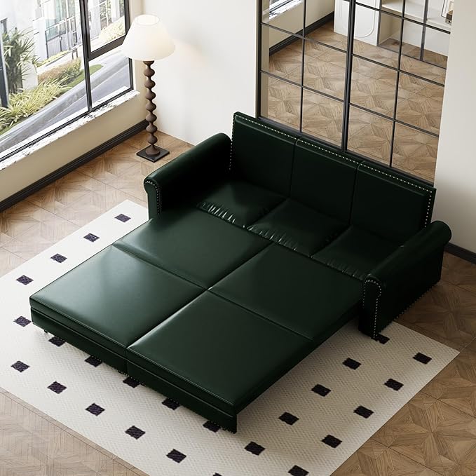 KEIKI 94 Faux Leather Chesterfield Sofa Rolled Arm 3 Seater Pull-Out Sofa Bed King-Sized Sleeper Sofa Upholstered Faux Leather Couch for Living Room Forest Green