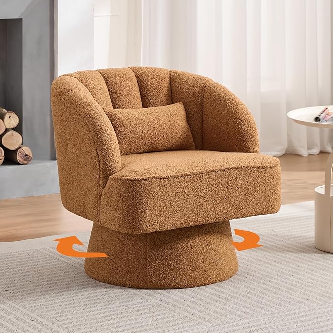 Swivel Barrel Chair - Teddy Bear Velvet Upholstered Modern Armchair with Striped Backrest &amp Plush Padding Round Lounge Chair for Living Room Bedroom Small Spaces Brown - (1 Pcs)