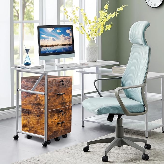 VINGLI 2-Drawer Small Rolling File Cabinet with Lock Wood Filing Cabinet for Hanging Letter Size Filings with Tabs Mobile Under Desk File Cabinets for Home Office Rustic Brown 27.2 H