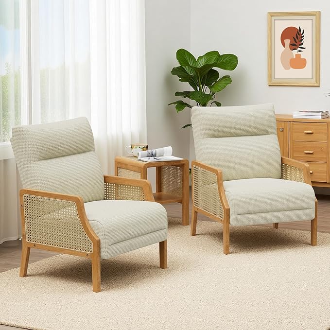Rattan Accent Chair Set of 2 Mid Century Modern Armchair with Back Cushions and Ash Wood Legs Arm Chair for Living Room Beige