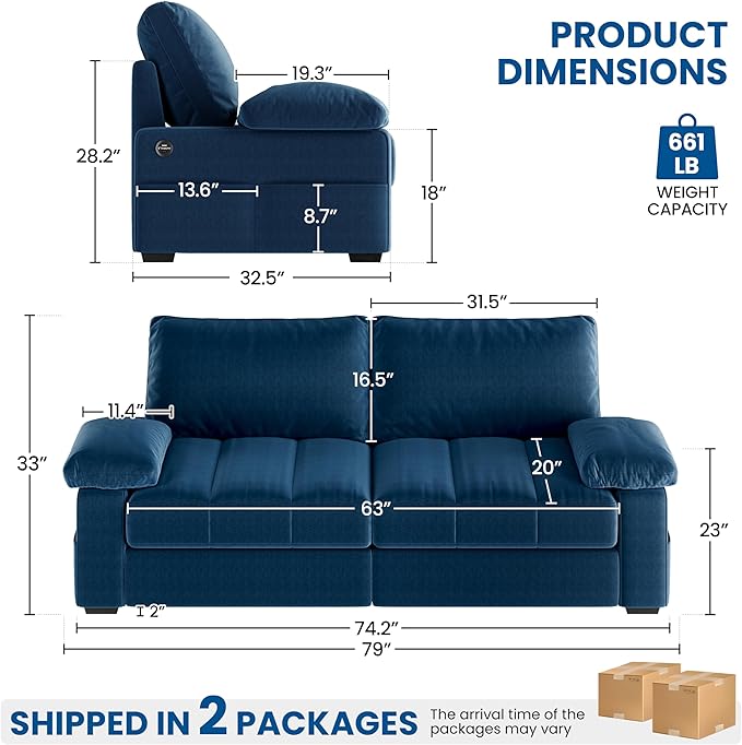Yaheetech 79 Velvet Futon Sofa with Storage Pockets &amp USB Ports Removable Armrest Pillow &amp Cover Modern Comfy Loveseat Couch for Living Room Apartment Bedroom Blue