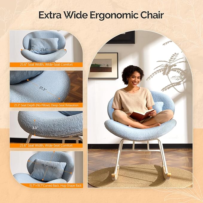 VINGLI 25.6 Extra Wide Nursery 115° Armless Rocking Chair Curved Cute Cross-Legged Glider Chair with Pillow &amp Solid Wood Nursing Chair for Bedroom Living Room Teddy Fleece Light Blue