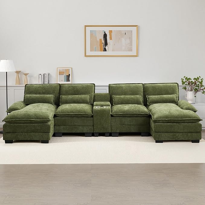 125 U Shaped Cloud Modular Sectional Couch for Living Room Small Comfy Chenille Sofa with Double Chaise Lounge Storage Central Console Cup Holders USB PortGreen