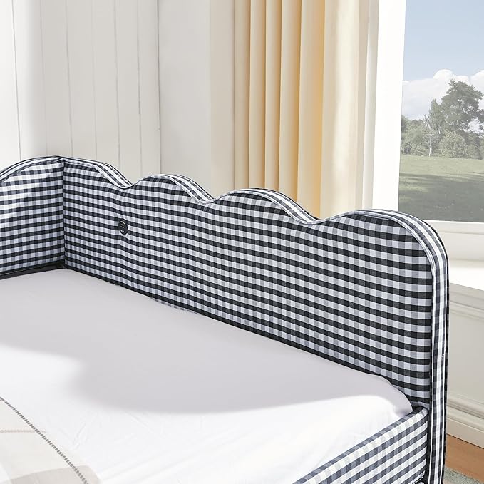 Cozy Gingham Daybed with Trundle Twin Size Sofa Bed No Box Spring Needed with USB Port and Adorable Wave Shaped Linen Fabric Navy (Full+Navy)