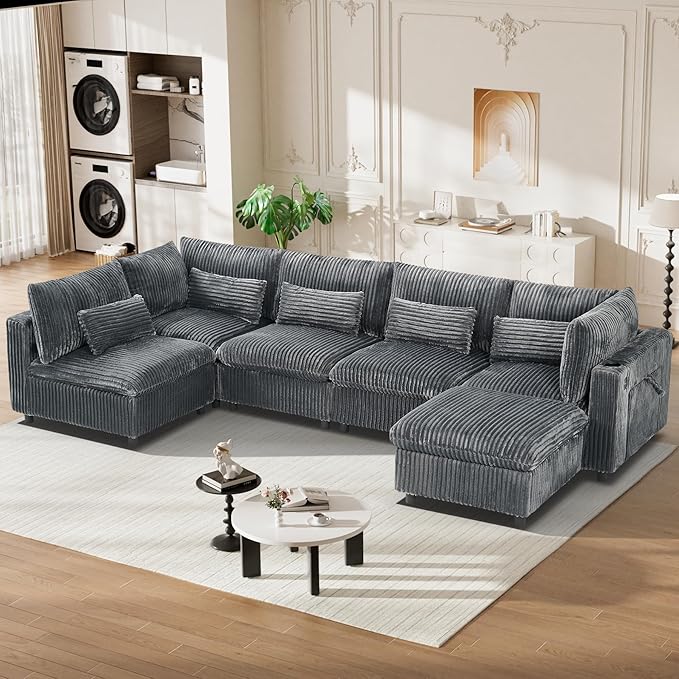 130 Oversized Cloud Couch Large Modular Sectional Sofa Modern U Shaped Sectional Couch 6 Deep Seat Sofa Set for Living Room Comfy Corduroy Cloud Sofa with Ottoman USB Port Cup Holder Dark Grey