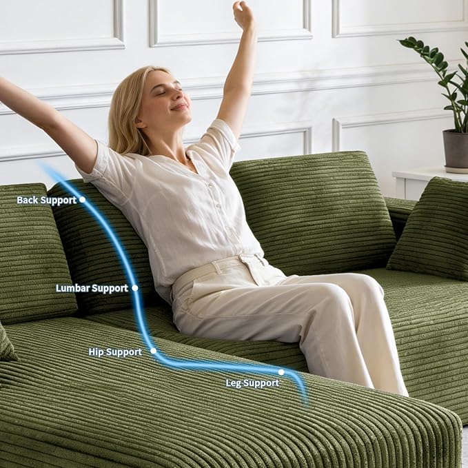 106 Corduroy Sectional Couch Boneless L Shaped Couch with Deep Seat Cloud Foam Sofa with Oversized Chaise Sectional Sofa No Assembly Needed for Living Room