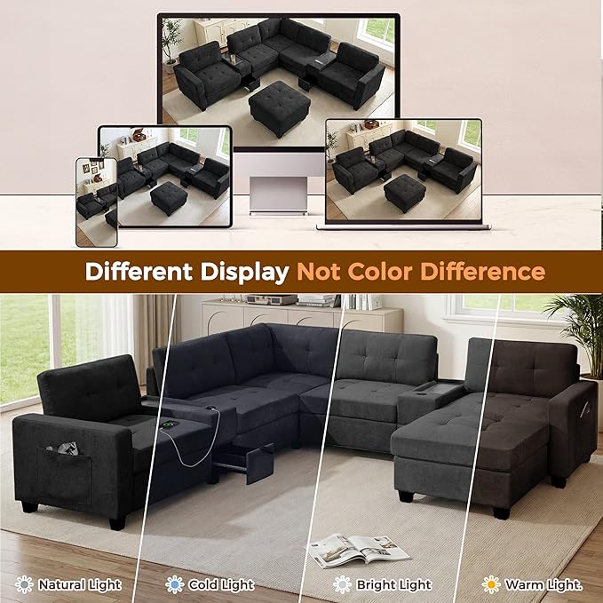 103'' Modular Sectional Sofa couch with 2 Acrylic Consoles Oversized U Shaped Couch Set with USB Charger Storage DrawersPockets and Movable Ottoman Chenille Sectional Couches for Living RoomBlack