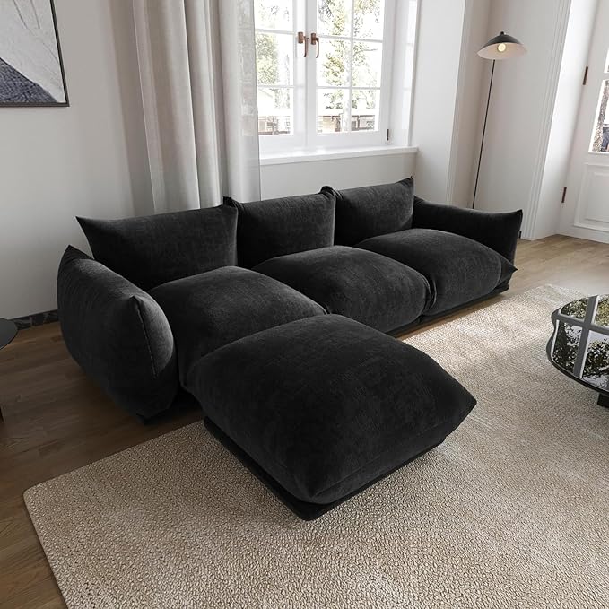 JACH 103 L-Shaped Sectional Couch Minimalist Chenille Modular Sofas Couches Mid-Century Sofa Sectionals with Reversible Chaise Ottoman for Living Room Office Apartment Black
