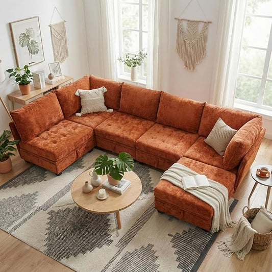 smilesun Oversized Modular Sectional Sofa with Storage Under Each Seat U-Shaped Chenille Sectional with Extra Deep and Wide Seats Convertible Comfy Couch for Living Room（Orange U-Shaped Couch）