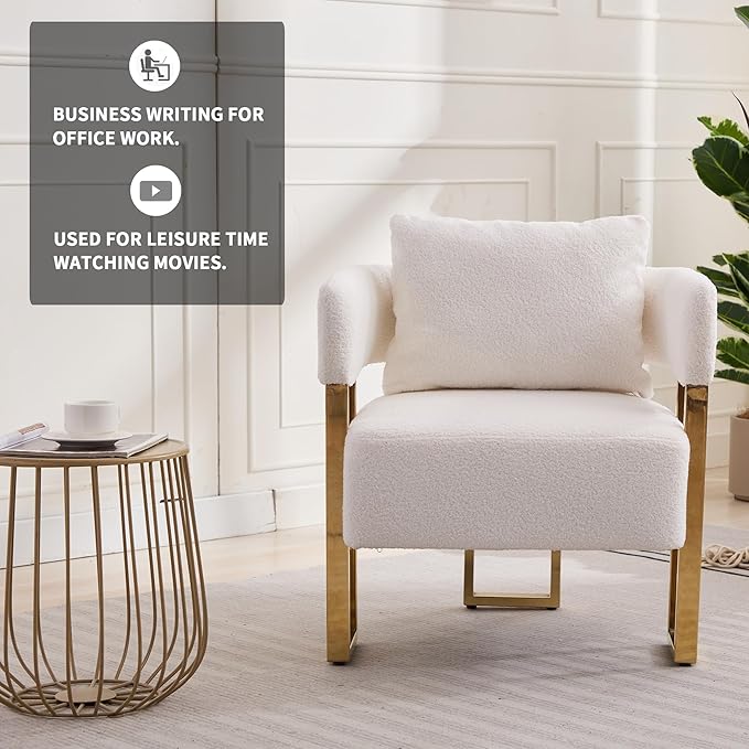 YITAI Modern Accent Chairs no Wheels Living Room Side Chairs Set of 2 with Golden Metal Legs Barrel Soft Teddyt Upholstered Reading Armchairs for OfficeReception RoomBedroomLoungeWhite