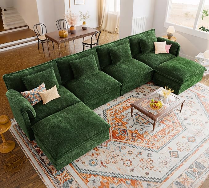 ELUCHANG 150 Oversized Modular Sectional Sofa Comfy U Shaped Cloud Couch with Removable Cover 6-Seat Deep Seat Modern Sofa Couches for Living Room Bedroom and Apartment Chenille Green