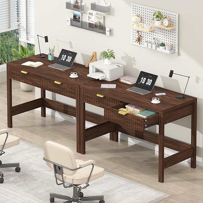 Fluted Computer Desk with 2 Drawers 39 Inch Small Computer Desk with Storage Compact Writing Study Desk for Small Spaces Walnut