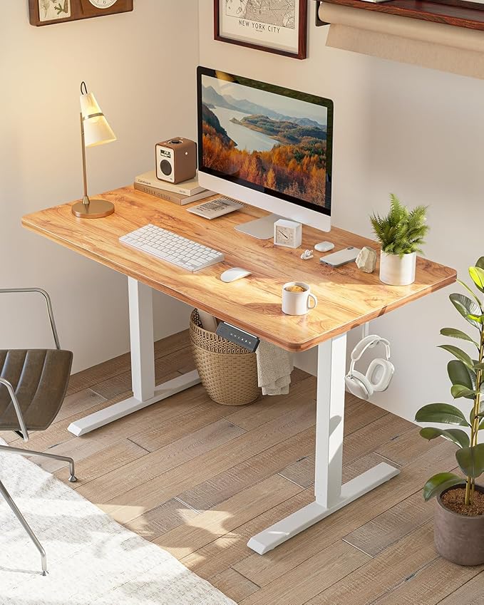 CubiCubi 32 x 20 Small One-Piece Standing Desk Adjustable Height Electric Computer Sit Stand up Home Office Workstation with 4 Memory Presets Headphone Hook Light Rustic