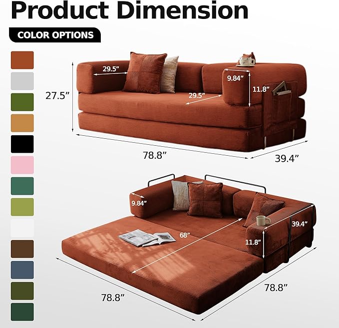 79 Convertible Floor Sofa BedCorduroy Sleeper Sofa with Side Pocket and Fixed-Shape Frame5-in-1 DIY Foldable Couch for Living RoomBedroom(Orange)