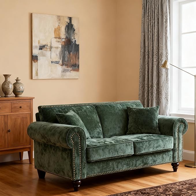 Loveseat Velvet Fabric Two- Seater Couch Buckle Design and Rivet Decoration Deep Seated Double Sofa Suitable for Living Room Bedroom Apartment Hotel etc (green-01)