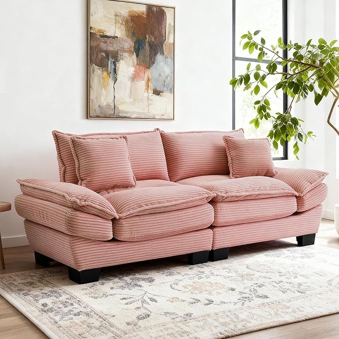 Modern 84 Corduroy Loveseat Sofa Ultra-Comfy Couch with 2 Pillows for Apartment Living Room Bedroom Home Office (Pink)
