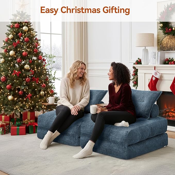 Folding Sofa Bed Fold Out Chair Bed with Pillow Convertible Sleeper Chair for Living Room/Small Spaces Foldable Lazy Sofa Bed Floor Chair Comfy Teddy Velvet Couch Bed Light Blue