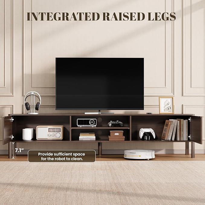 Rattan TV Stand for Living Room - Fits up to 80 Inch TVs Rattan Media Console Table with Adjustable Shelves &amp 2 Storage Cabinets Mid-Century Modern Entertainment Center Walnut 71