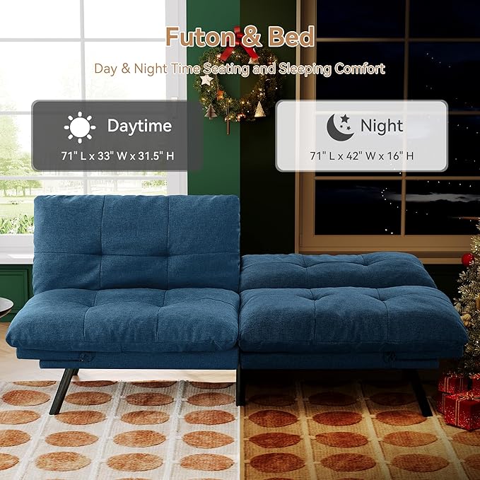 Convertible Futon Sofa Bed71 Modern Fabric Futon Couch with Adjustable Backrest&ampArmrestSmall Loveseat Sleeper SofaDorm Futonsofa for ApartmentLiving RoomDetachable CushionsNavy Blue