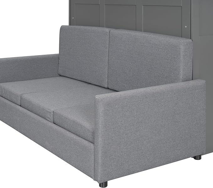 Linique Queen Size Murphy Bed with Sofa and Top Shelf Horizontal Wall Bed Versatile Convertible Wooden Bed Frame Grey 87x66.8