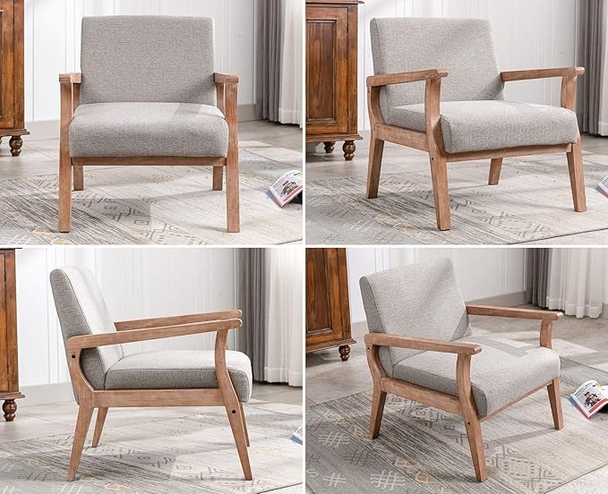 VESCASA 23.2 W Accent Chairs Set of 2 with Arms Farmhouse Side Chairs with Upholstered Seat Mid Century Modern Reading Chairs with White Wash Wood Legs for Living Room/Bedroom Light Grey Linen