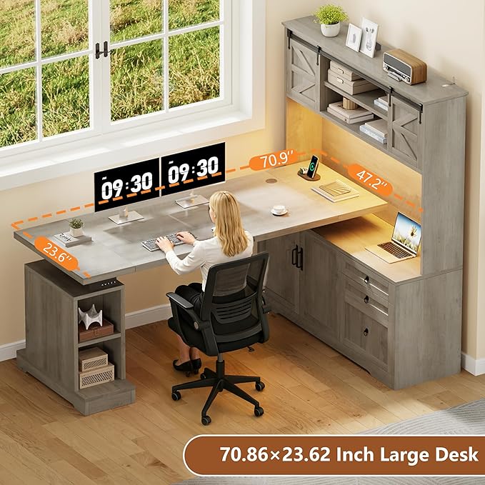 70.86 Farmhouse L Shaped Standing Desk with Hutch Electric Height Adjustable Desk with Storage Corner Computer Desk with File Drawer Power Outlets LED Gaming Desk with Sliding Door Grey