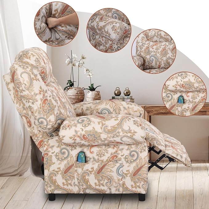 Manual Recliner Chair Massage Chair Recliners with Heat Pushback Recliners for Living Room Small Recliner Chairs for Small Spaces Fabric Overstuffed Single Sofa with Vibration Home TheaterFloral