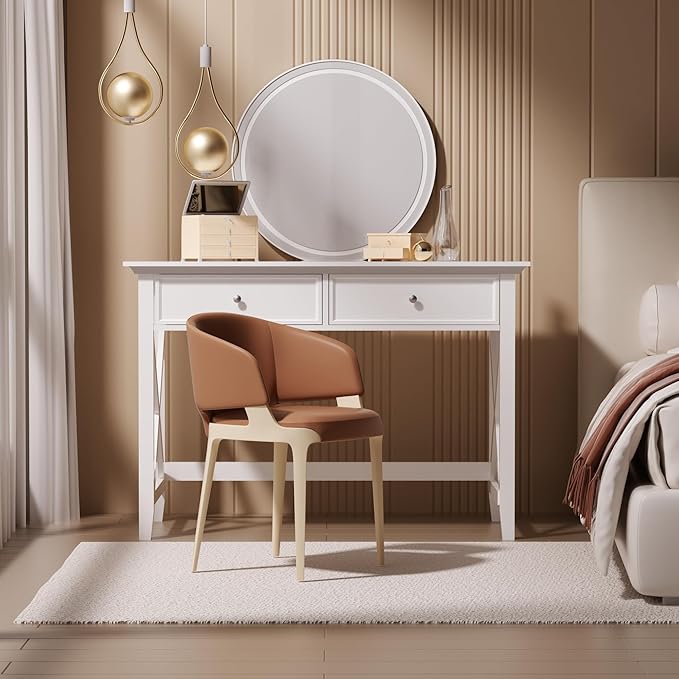 White Computer Desk with 2 Drawers Modern Makeup Vanity Desk with Storage Writing Desk for Home Office 42'' Long Study Simple White Desk for Bedroom Console Table Living Room