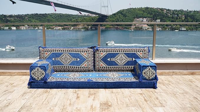 Single Arabic Floor Seating Cushions Arabic Majlis Floor Sofa Reading Nook Loveseat Sofa Single Floor Couch Ottoman Floor Pillows (Blue)