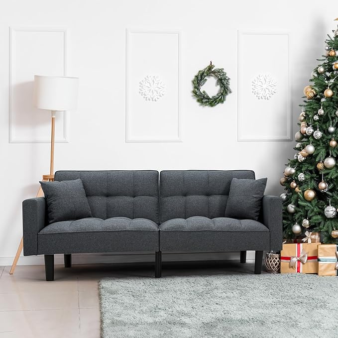 AVAWING Futon Sofa Bed Modern Linen Fabric Convertible Upholstered Couch with Adjustable Back Arms and High Strength Nylon Legs for Living Room Apartment Office (Grey)