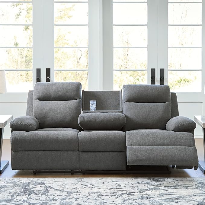 Signature Design by Ashley Yarrow Lane Classic Chenille Manual Pull Tab Reclining Sofa with Drop Down Table and USB Charging Gray
