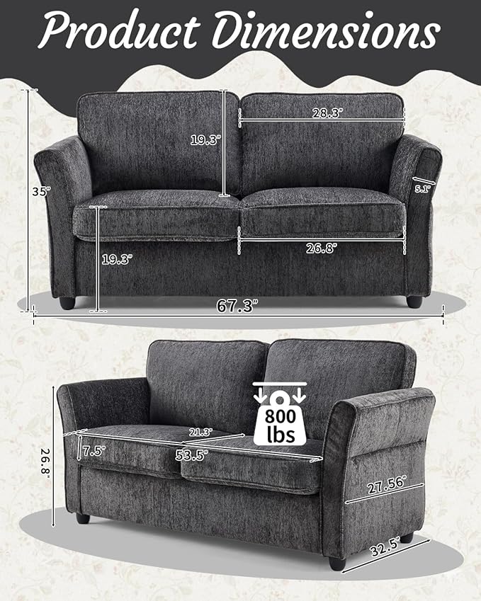 Karl home 67 Loveseat Sofa Chenille Fabric with Removable Covers Outward Arms Spring Cushion &amp Solid Wood Frame Deep Seat Couch for Small Apartment Living Room Reading Nook Bedroom Grey