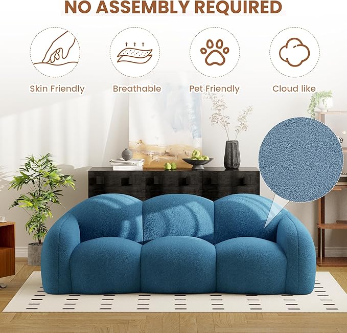 90.55 Inches 3-Seater Sofa Couch Modern Teddy Plush Boneless Sofa in a Box Soft Couches for Living Room Apartment No Assembly for Small Spaces Blue